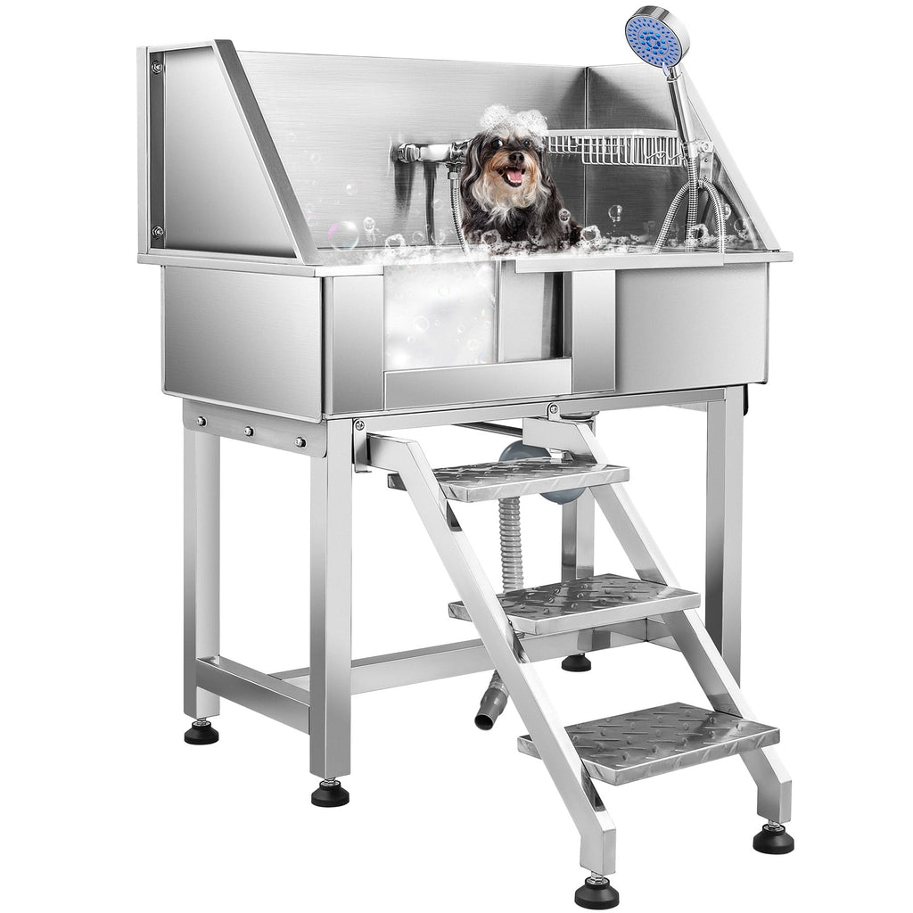 CO-Z 34in Pet Grooming Bath Tub, Stainless Steel Pet Bathing Station Sink with Drain Steps Shower Head Hose Walk In Door & Faucet