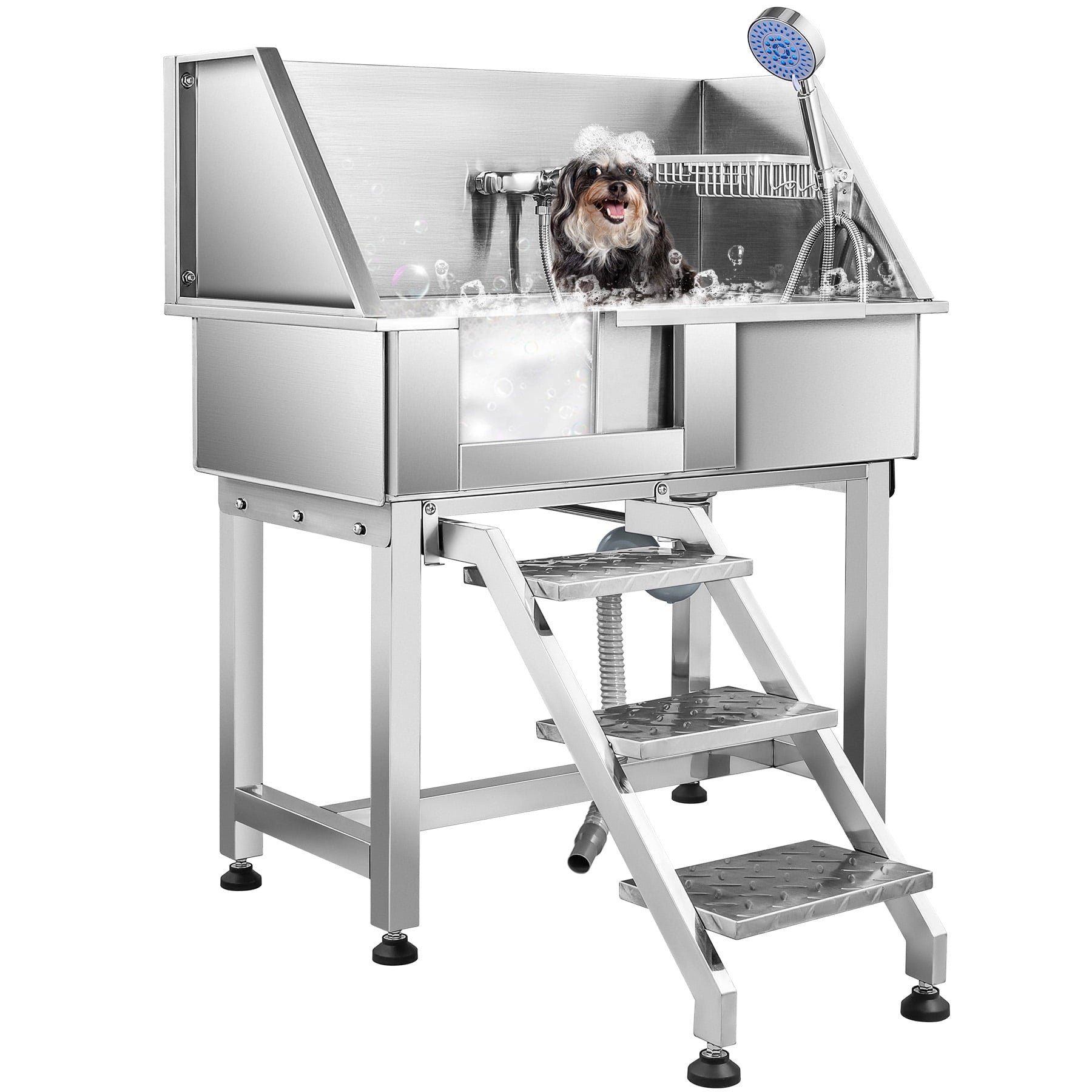 CO-Z 34in Pet Grooming Bath Tub, Stainless Steel Pet Bathing Station Sink with Drain Steps Shower Head Hose Walk In Door & Faucet