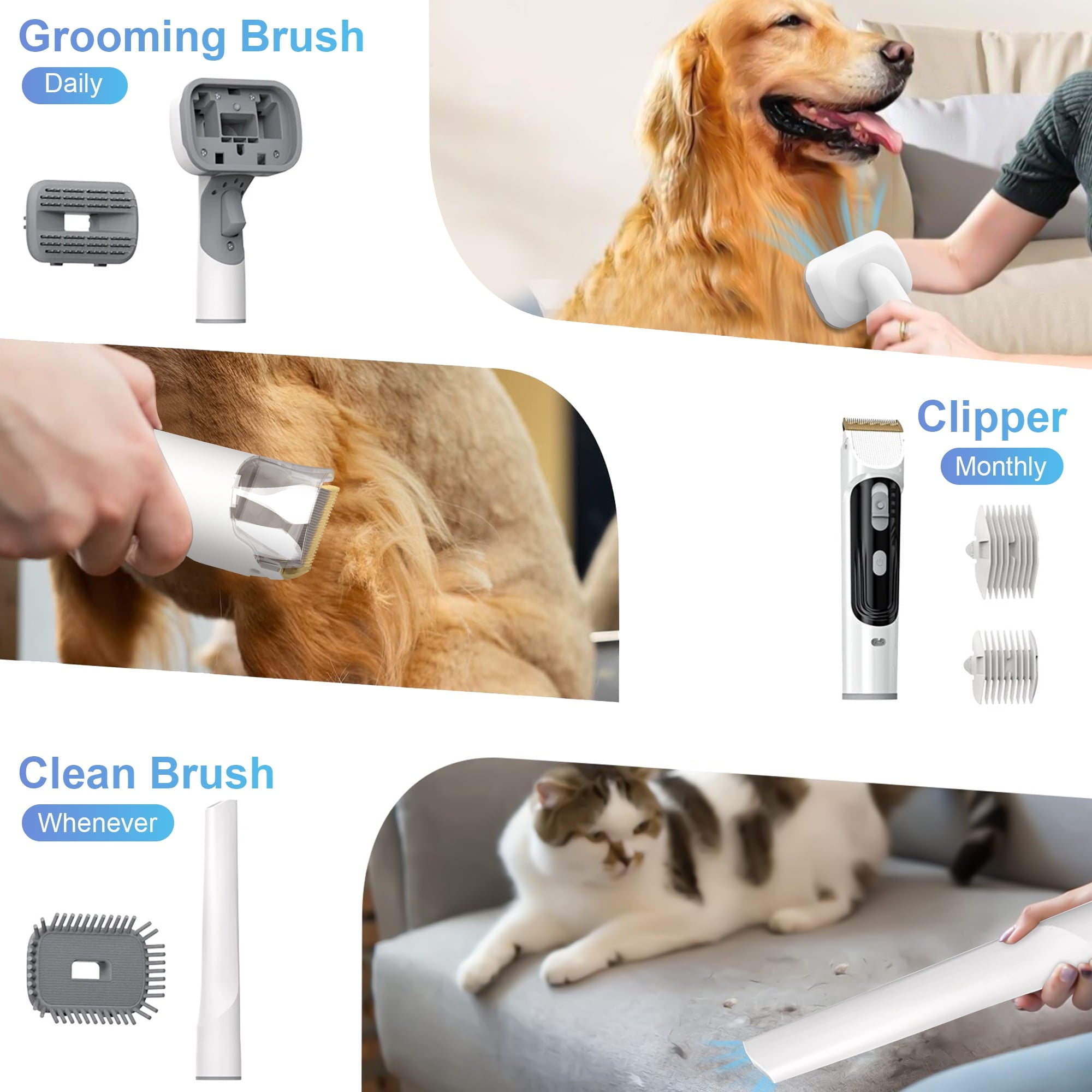 14KPa Dog Grooming Kit & Vacuum, 2.5L Pet Hair Vacuum Suction 99% Pet Hair,3 Modes Suction Dog Grooming Clipper Kit,5 Pet Groomer Tools,Low Noise Pet Shedding Vacuum for Dogs Cats,White