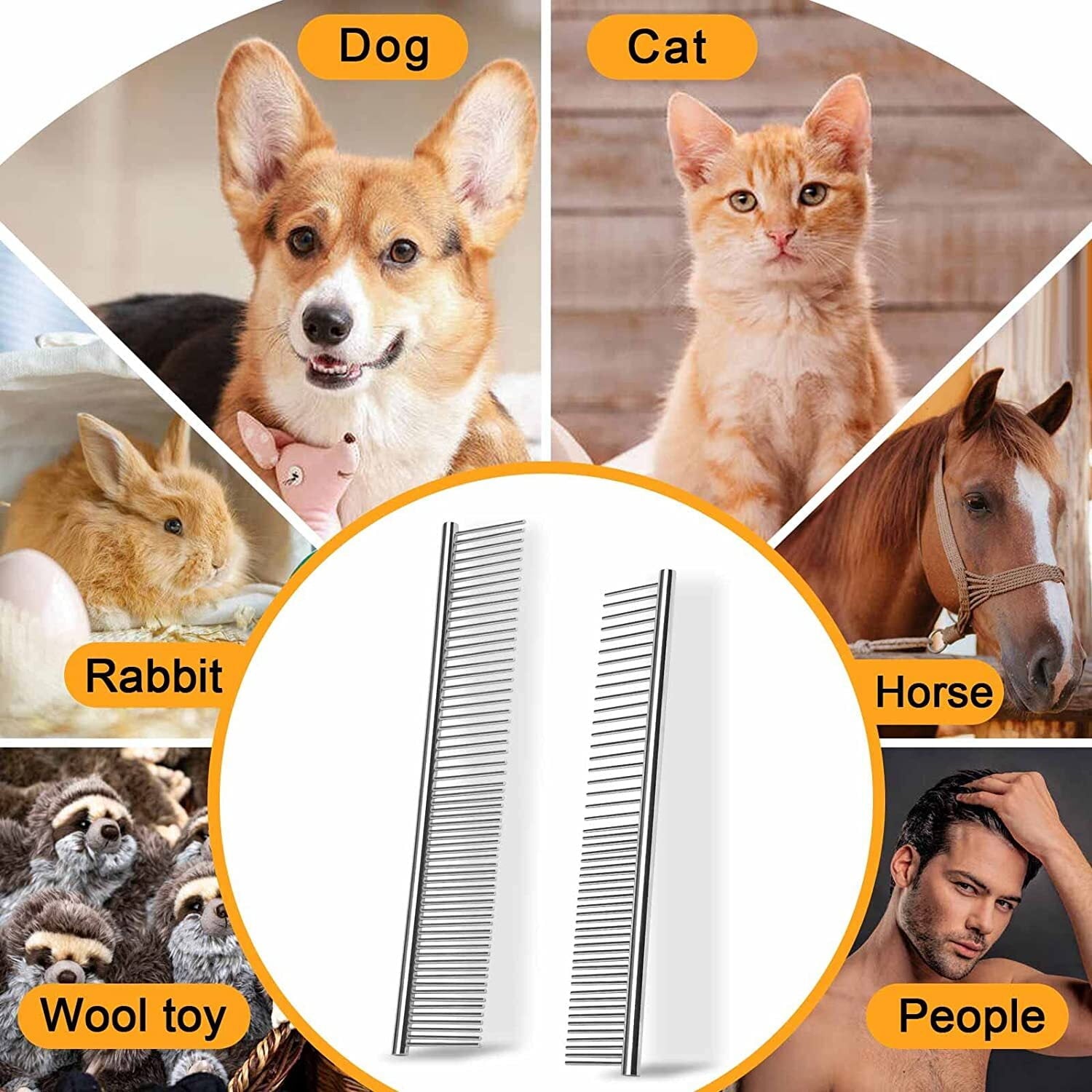 Dog Combs for Grooming, 2 Pack Metal Dog Comb with Rounded Teeth, Stainless Steel Cat Comb for Removing Tangles and Knots for Long and Short Haired Dogs and Cats