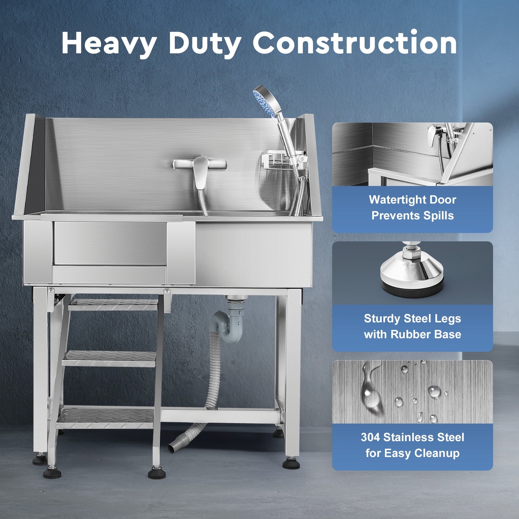 CO-Z 34in Pet Grooming Bath Tub, Stainless Steel Pet Bathing Station Sink with Drain Steps Shower Head Hose Walk In Door & Faucet