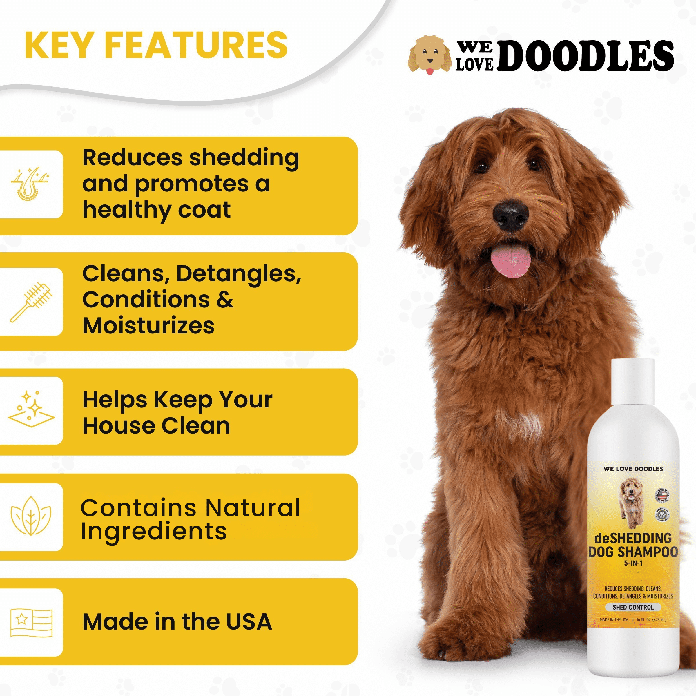 5-in-1 Deshedding Dog Shampoo & Conditioner, Infuses Skin & Coat with Vitamins & Omega 3 Fatty Acids, Anti-Shed for Puppies, Made in USA, Shed Control for Dogs, 16 oz [We Love Doodles]
