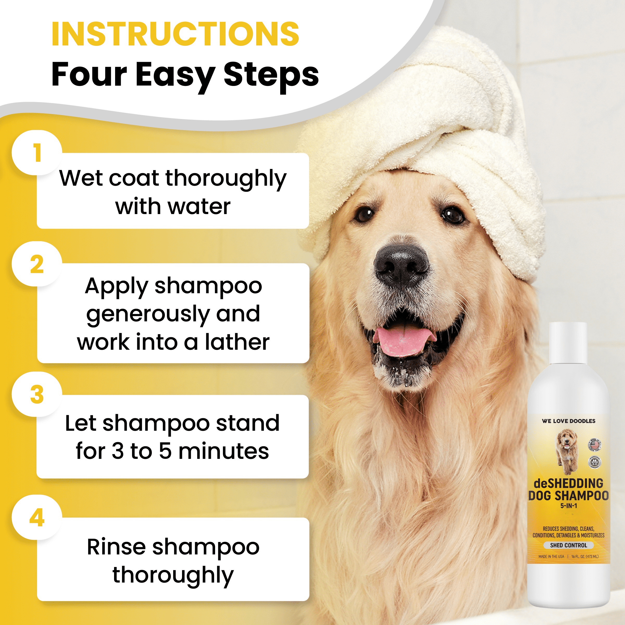5-in-1 Deshedding Dog Shampoo & Conditioner, Infuses Skin & Coat with Vitamins & Omega 3 Fatty Acids, Anti-Shed for Puppies, Made in USA, Shed Control for Dogs, 16 oz [We Love Doodles]