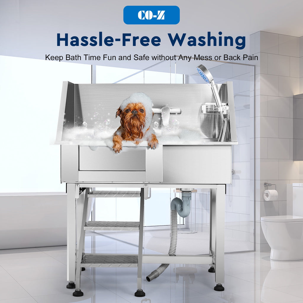 CO-Z 34in Pet Grooming Bath Tub, Stainless Steel Pet Bathing Station Sink with Drain Steps Shower Head Hose Walk In Door & Faucet