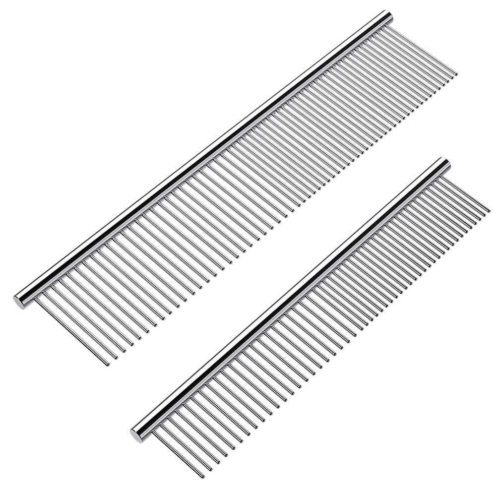 Dog Combs for Grooming, 2 Pack Metal Dog Comb with Rounded Teeth, Stainless Steel Cat Comb for Removing Tangles and Knots for Long and Short Haired Dogs and Cats