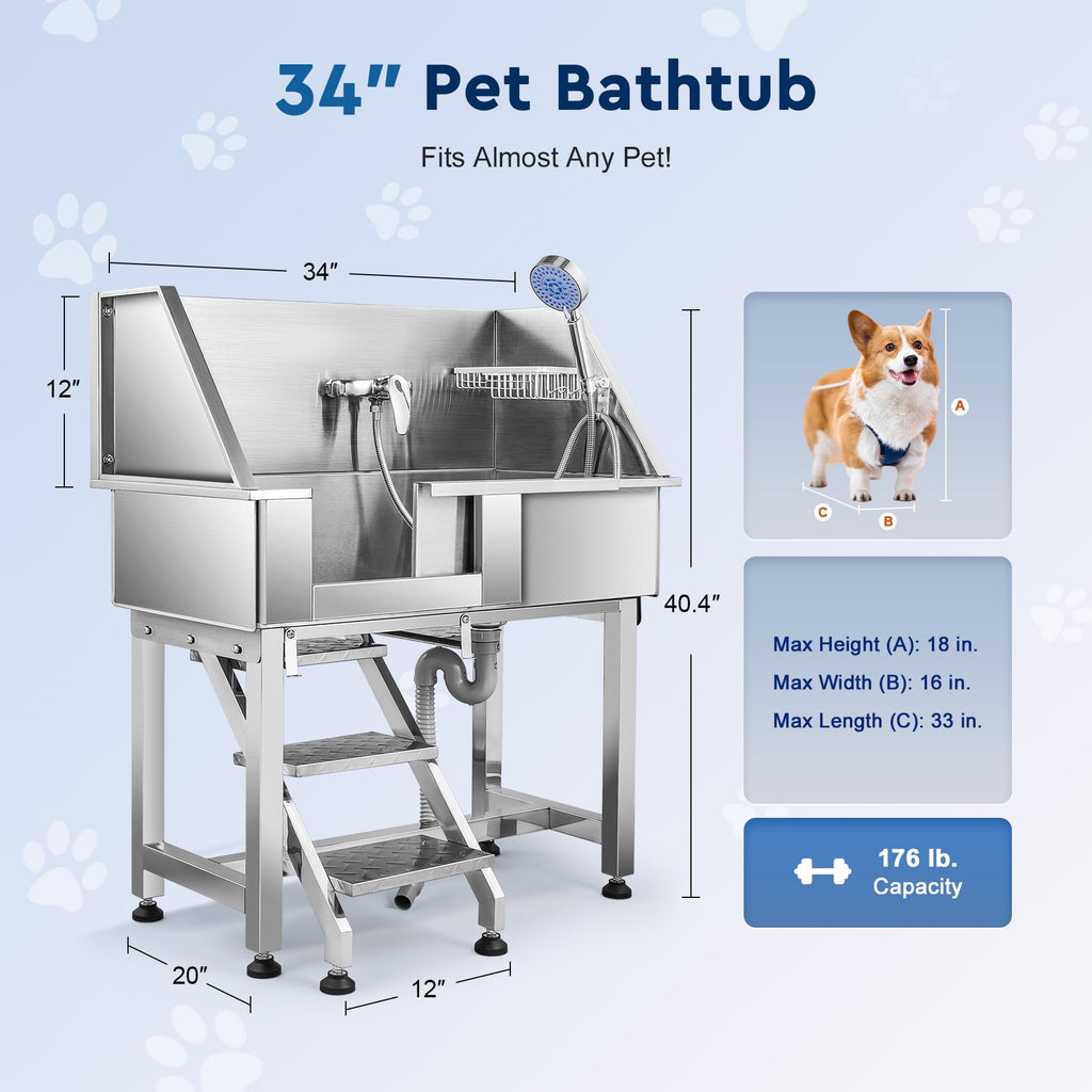 CO-Z 34in Pet Grooming Bath Tub, Stainless Steel Pet Bathing Station Sink with Drain Steps Shower Head Hose Walk In Door & Faucet